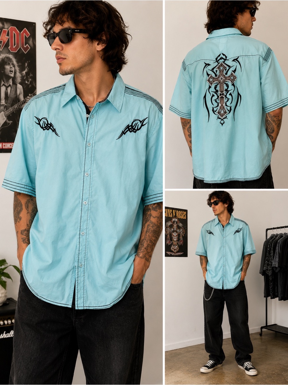 Black Jack Men’s 4XL Western Tribal Embroidered Button Up Shirt Y2K Rocker Aqua